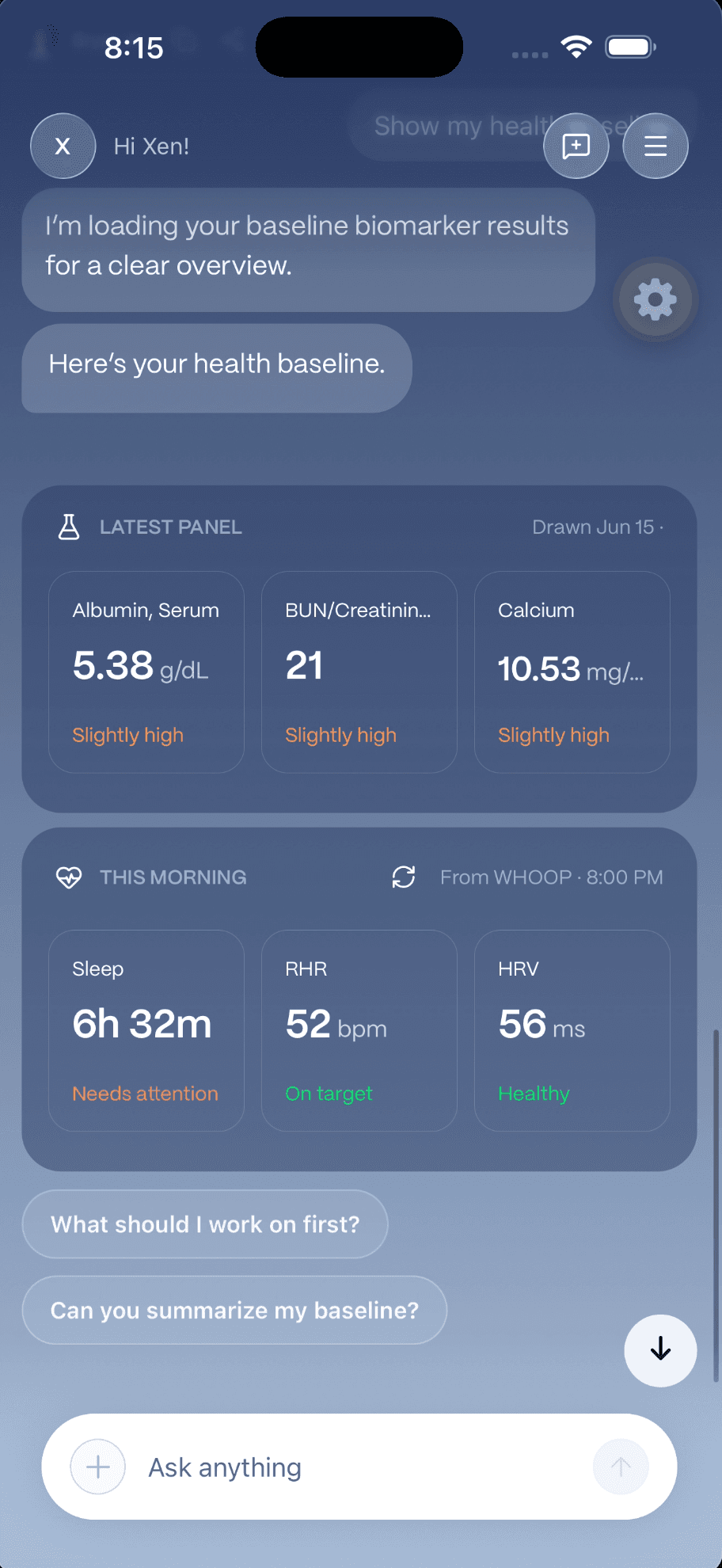 Bryan AI charts: sleep and HRV percentile distributions, a biomarker and wearable health baseline, and connected wearables