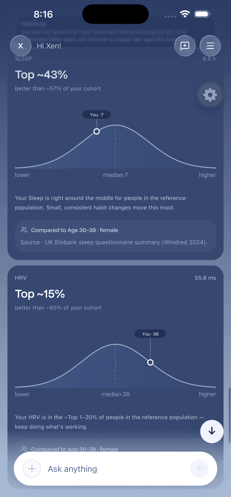 Bryan AI charts: sleep and HRV percentile distributions, a biomarker and wearable health baseline, and connected wearables