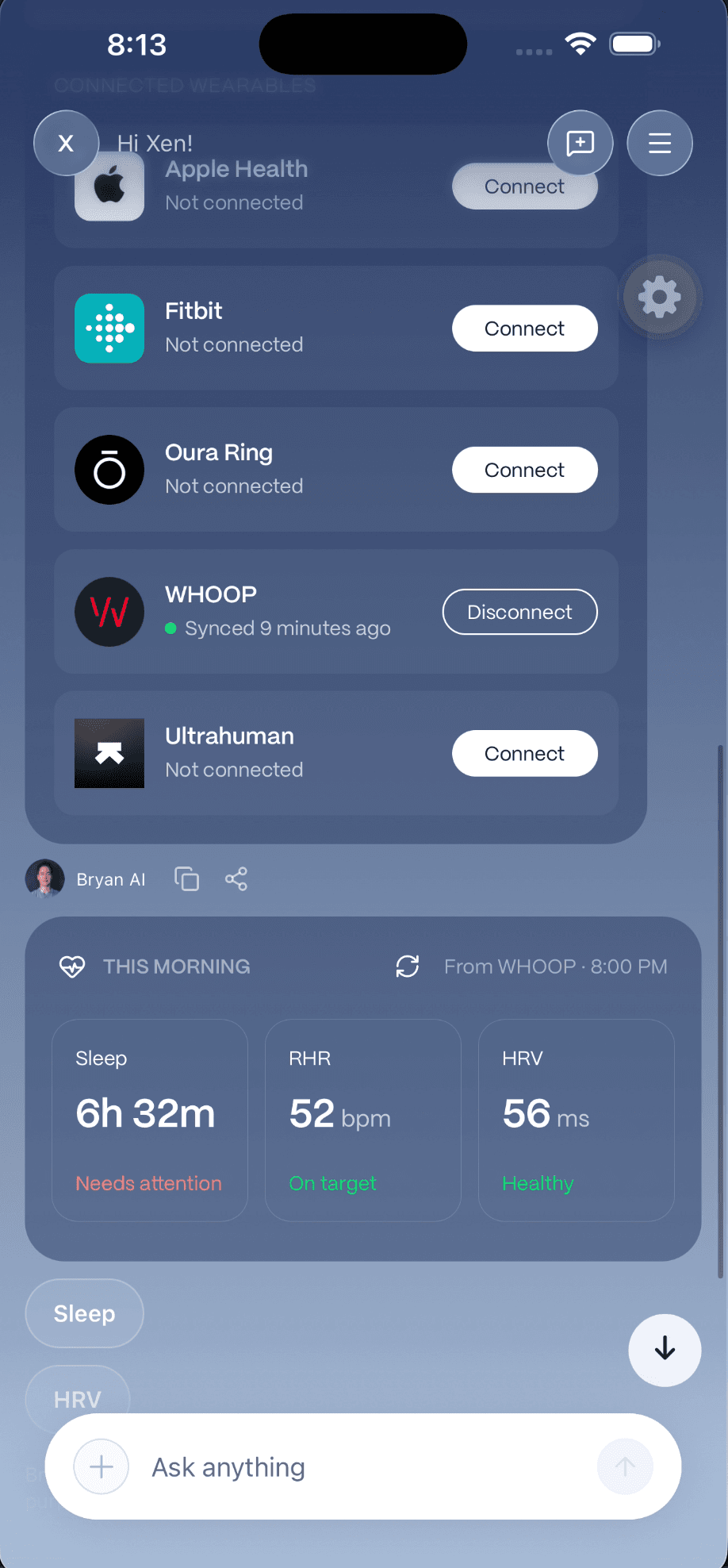 Bryan AI charts: sleep and HRV percentile distributions, a biomarker and wearable health baseline, and connected wearables