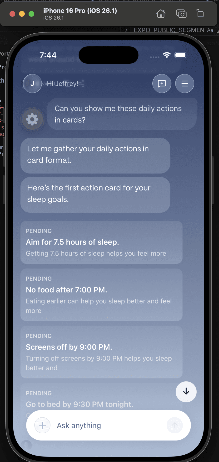 A Bryan AI chat showing daily action cards for sleep goals