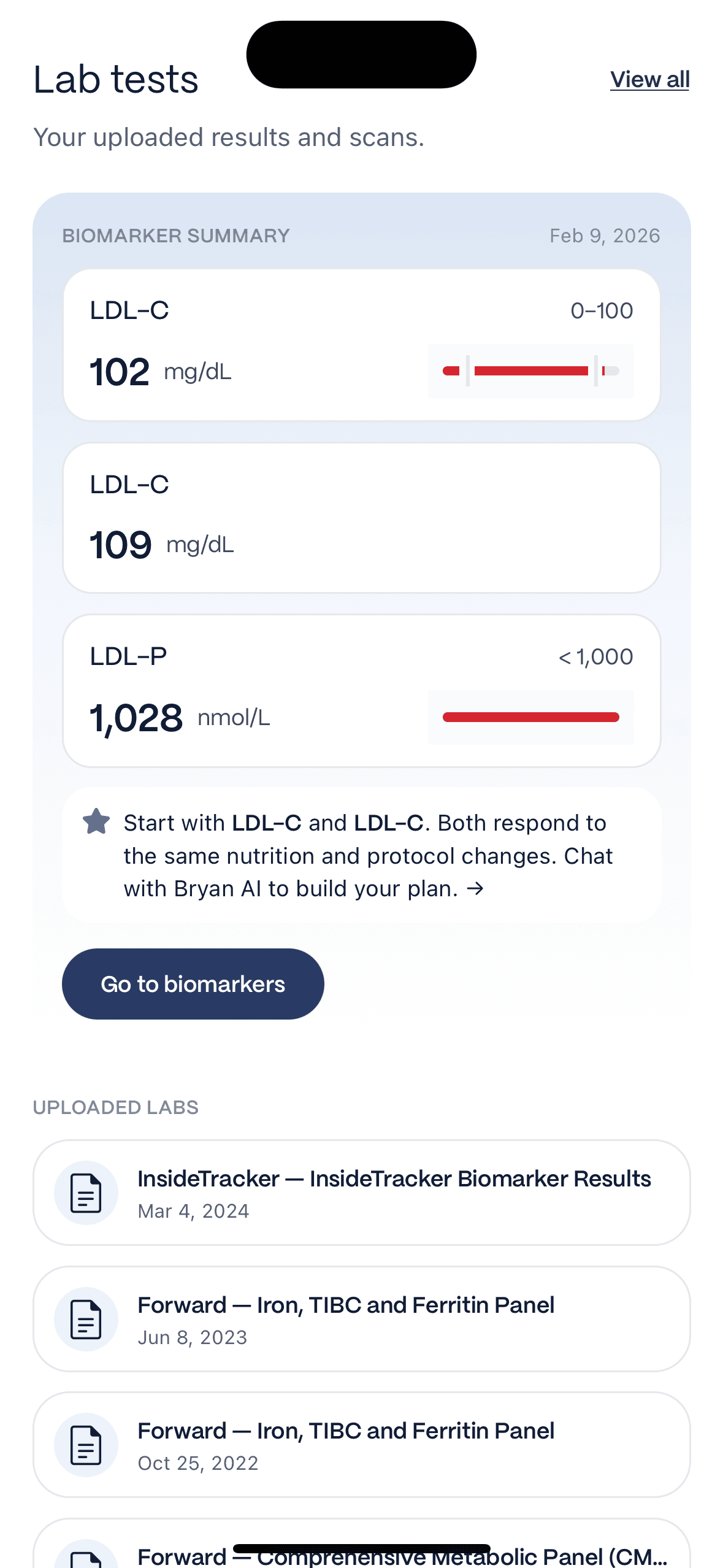 The redesigned Health Profile with your stack and protocol, and the Lab tests screen with a biomarker summary