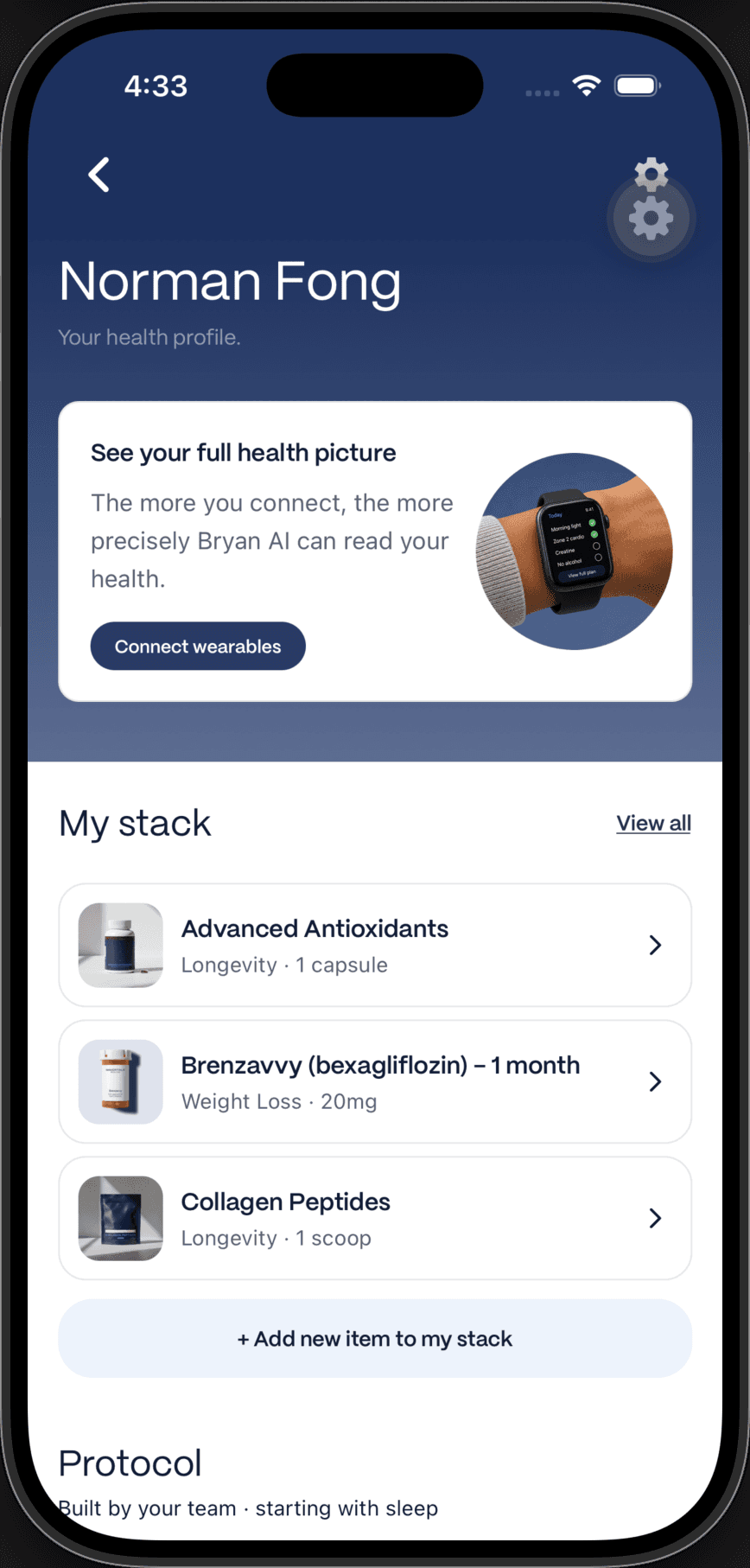 The redesigned Health Profile with your stack and protocol, and the Lab tests screen with a biomarker summary