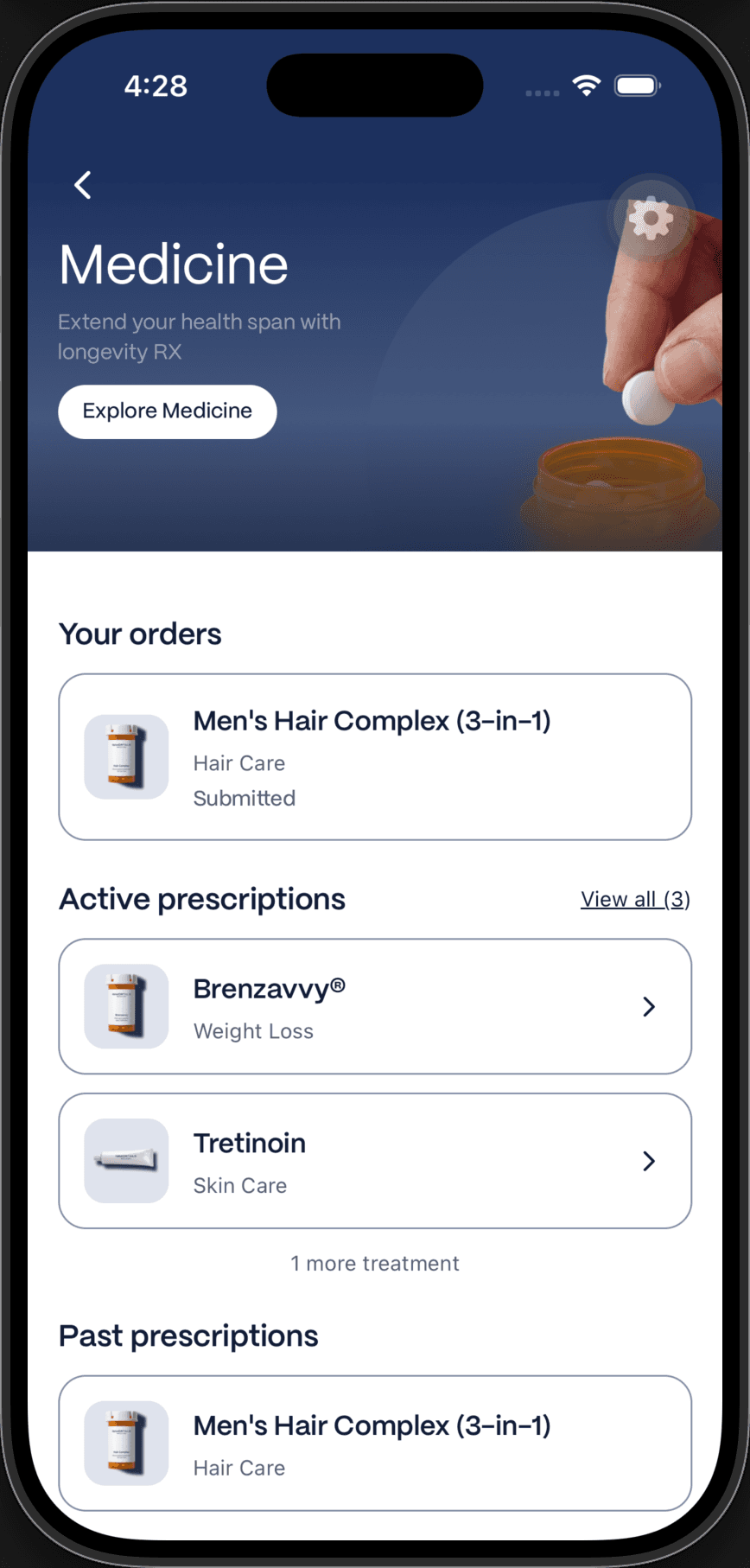 The Medicine home screen with orders and prescriptions, and a prescription detail screen