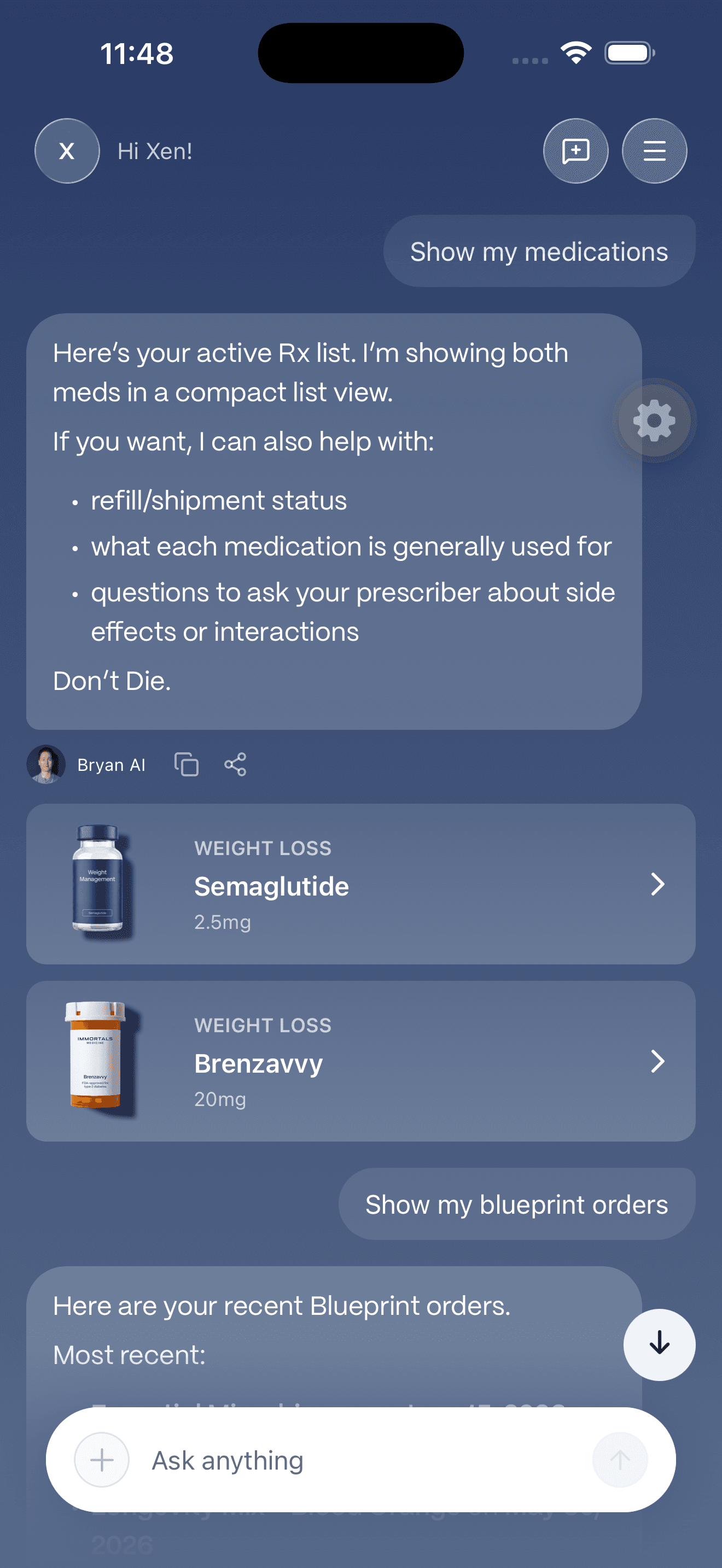 A Bryan AI chat listing your active medications, and the detail sheet that opens when you tap a medication card