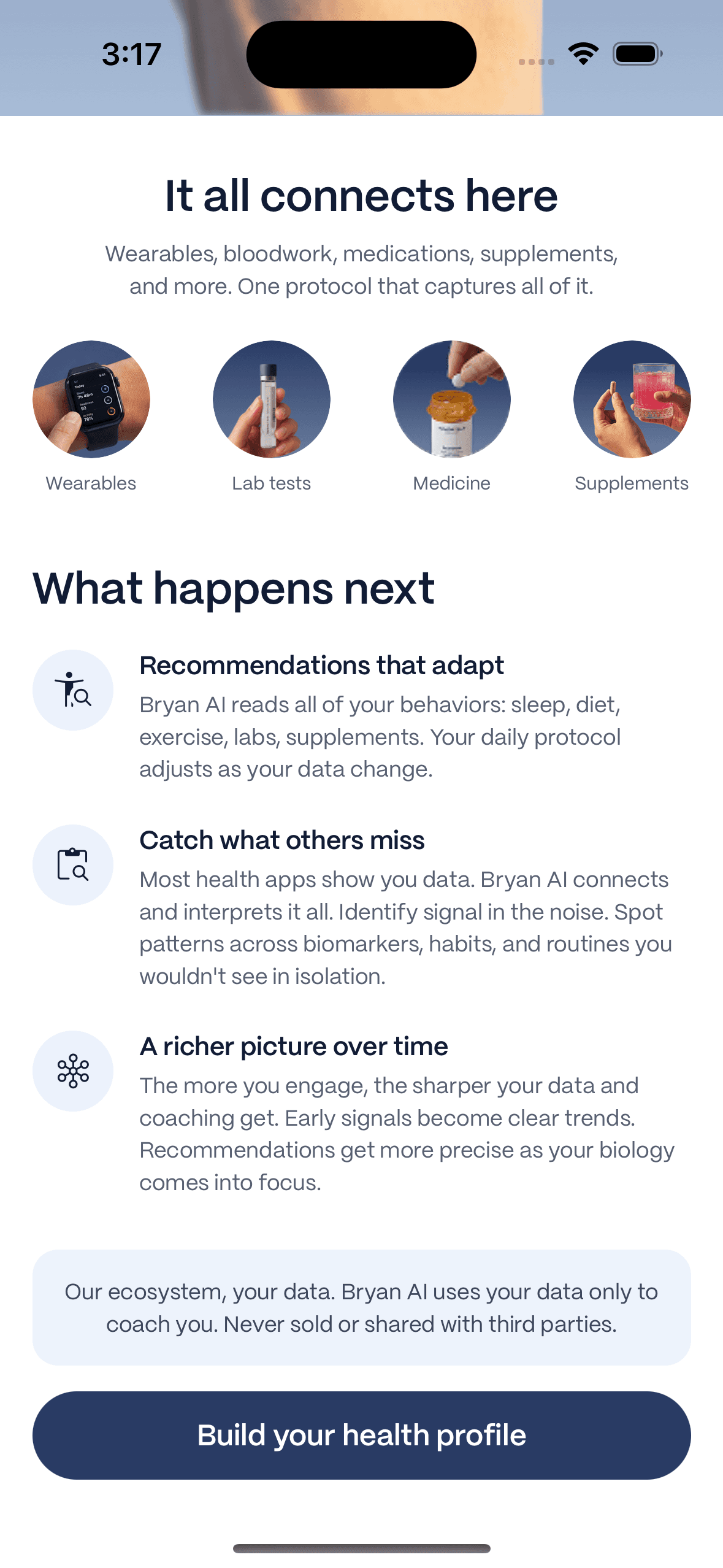 Immortals onboarding: a personalized-coaching welcome screen and a screen showing how wearables, labs, medicine, and supplements connect