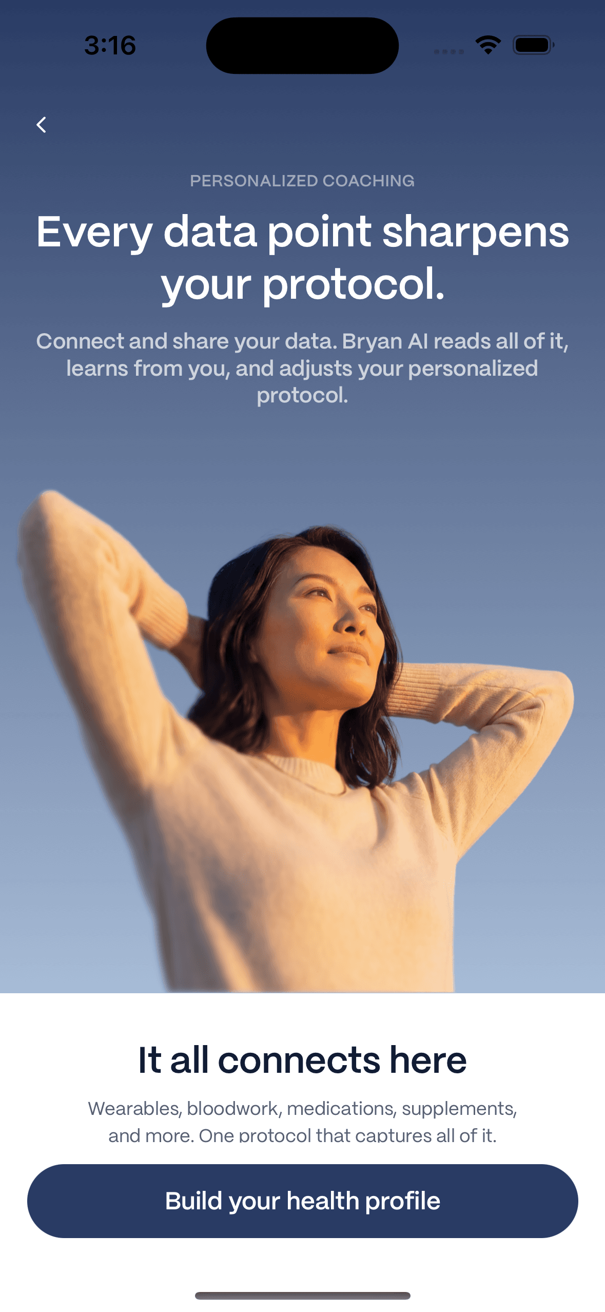 Immortals onboarding: a personalized-coaching welcome screen and a screen showing how wearables, labs, medicine, and supplements connect